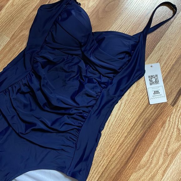 Women's Small NWT Ruche Front 1Piece Swimsuit Bathing Suit Navy Blue NWT - Picture 2 of 3